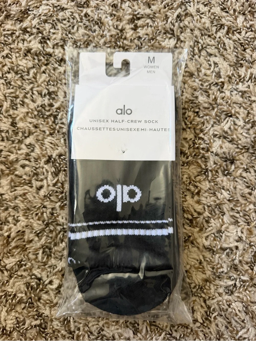 ALO Yoga Black Athletic Half-Crew Socks with White Logo & Twin Stripes